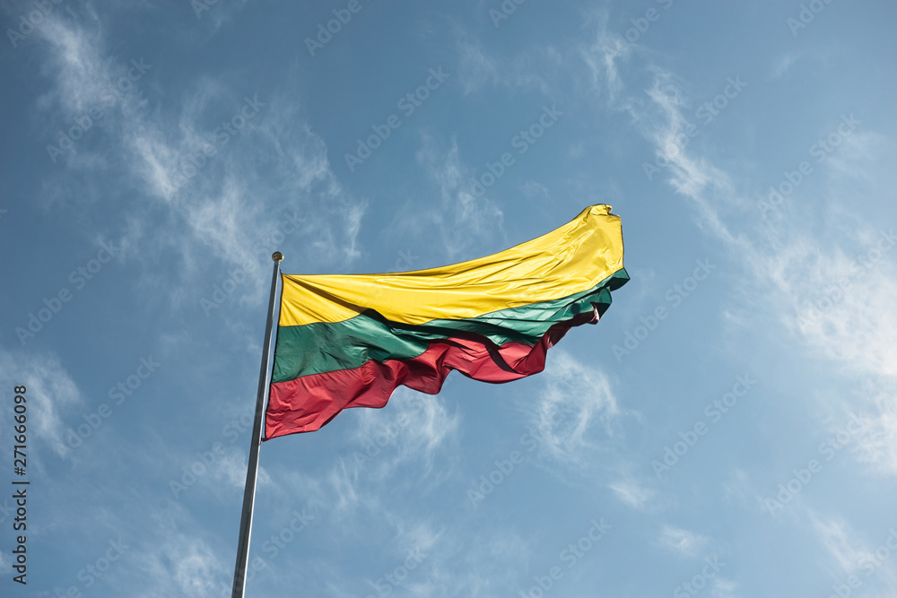 Lithuania Lithuanian national flag textile cloth fabric waving on the top