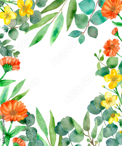 Watercolor hand painted green floral banner with field plants and eucalyptus silver dollar isolated on white background. Healing herbs for greeting cards  wedding invitations   save the date or design