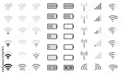Flat Mobile phone system icons WiFi signal strength, battery charge level and symbol sign remote access and communication radio