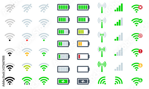 Flat Mobile phone system icons WiFi signal strength, battery charge level and symbol sign remote access and communication radio