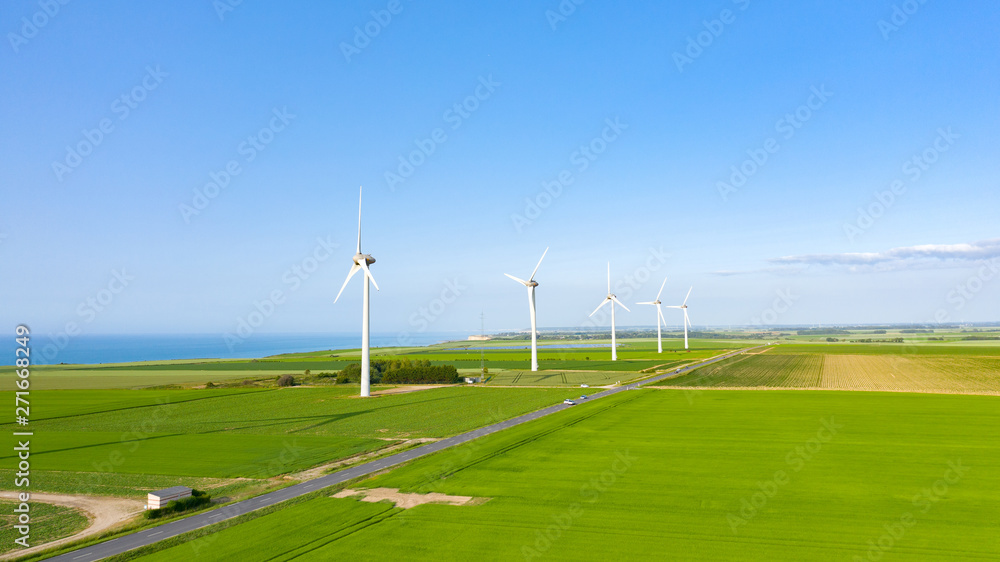 Cinq éoliennes dans des champs de lin Cinq éoliennes dans des champs de lin