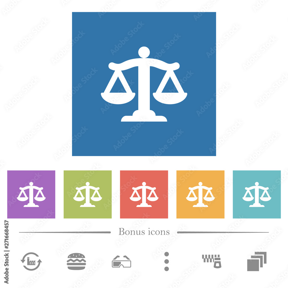 Scale of law flat white icons in square backgrounds Scale of law flat white icons in square backgrounds