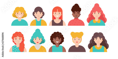 Collection of profile portraits or heads of female cartoon characters with various hairstyles and accessories isolated on white background. Set of avatars. Vector illustration in flat style