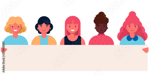 Collection of smiling young girl and women holding clean placards. Set of portrait avatar with female american caucasian european. Vector illustration in flat style. Feminism, women rights, activism