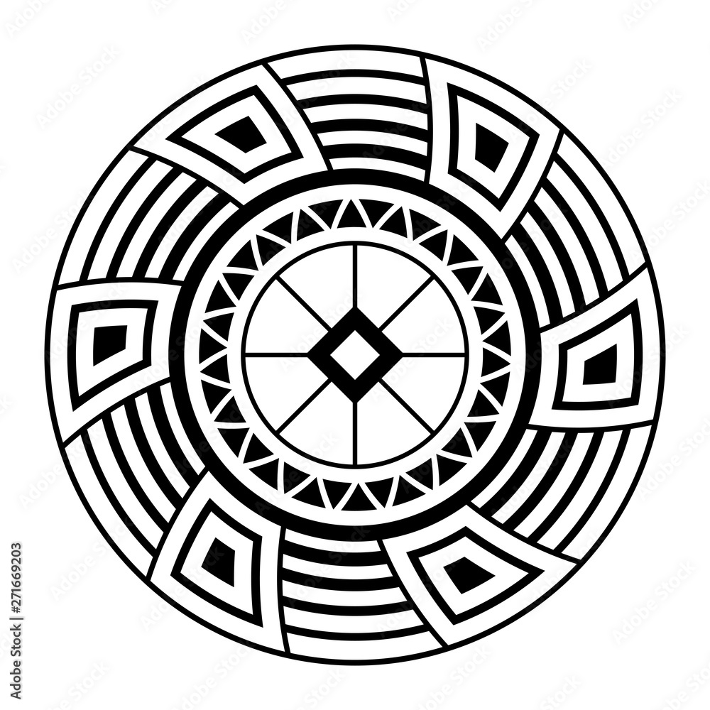 Abstract circular ornament. Isolated ethnic symbol. Stylized sun symbol. Rosette of geometric elements. - obrazy, fototapety, plakaty 