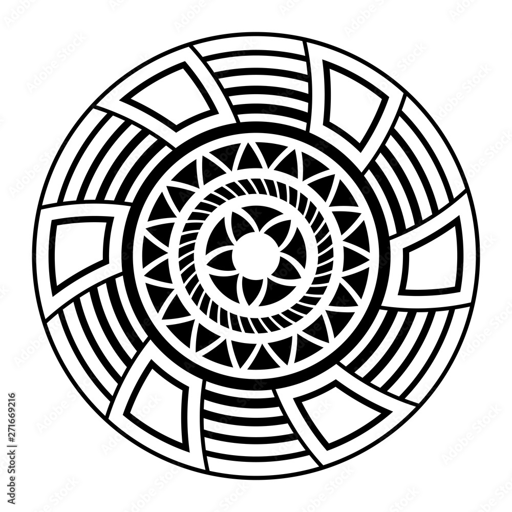 Abstract circular ornament. Isolated ethnic symbol. Stylized sun symbol. Rosette of geometric elements. - obrazy, fototapety, plakaty 