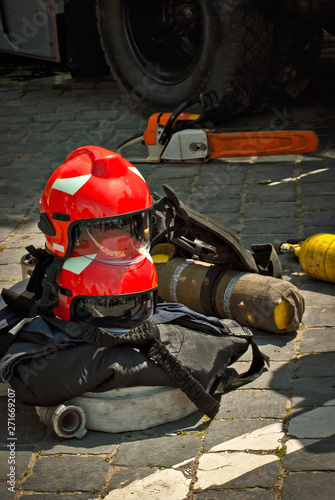 Demonstration of fire equipment at a school scientific exhibition.