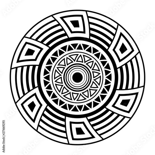 Abstract circular ornament. Isolated ethnic symbol. Stylized sun symbol. Rosette of geometric elements.