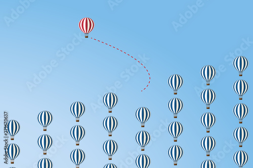 Think differently concept. Red balloon changing direction. New idea, change, trend, courage, creative solution, innovation and unique way concept. Vector 