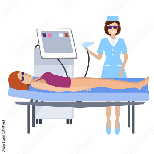 Flat modern illustration for laser hair removal, cosmetology, medicine on white background. The girl on the couch in the spa salon.