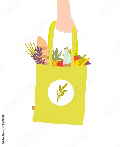Hand holds reusable textile shopping bag with vegetables in simple style. Vector illustration.