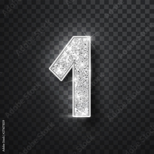 Silver glitter alphabet numbers 1 with shadow. Vector realistick shining Silver font number one of sparkles on black background. For decoration of cute wedding, anniversary, party, label, headline