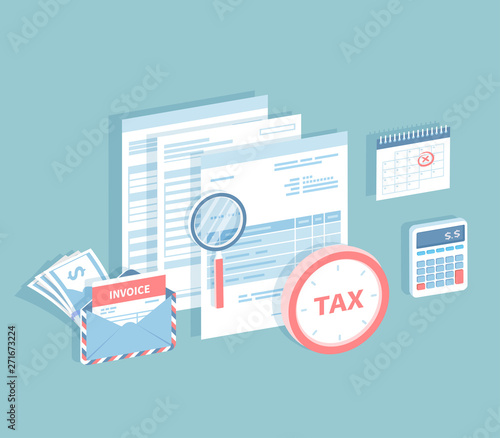 Payment of accounts and taxes. Filling and calculating tax form. Documents, envelope with invoice, calendar with a marked date, calculator, magnifying glass, clock. Isometric 3d vector illustration.