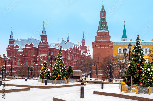 Moscow. Russia. Winter decorated Christmas trees on Manege square. Historical Museum on Manezhnaya square. New year festivities Russia. Moscow streets Christmas decoration. Weekend holiday in Moscow.