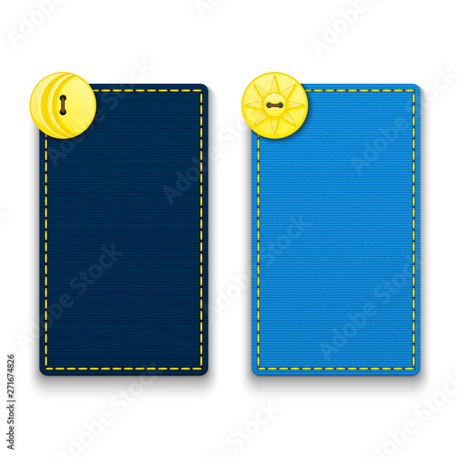 Set of two vertical rectangular blue fabric banners. Label with seam. Yellow buttons. Sun, moon, day and night. Template with place for text. Isolated on white background. Eps10 vector illustration.