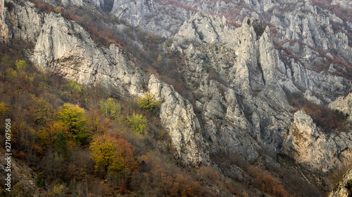Rocky cliff  pointy rocks and autumn colored trees of canyon of Jerma river in Serbia