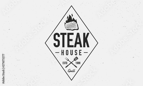 Barbecue logo, emblem. Steak House, BBQ trendy logo with grill fork and spatula. Geometric barbecue label. Vector emblem template