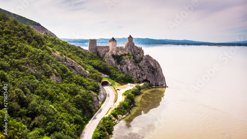 Aerial view of old medieval fortress Golubac, by the Danube river near the Golubac town. photo
