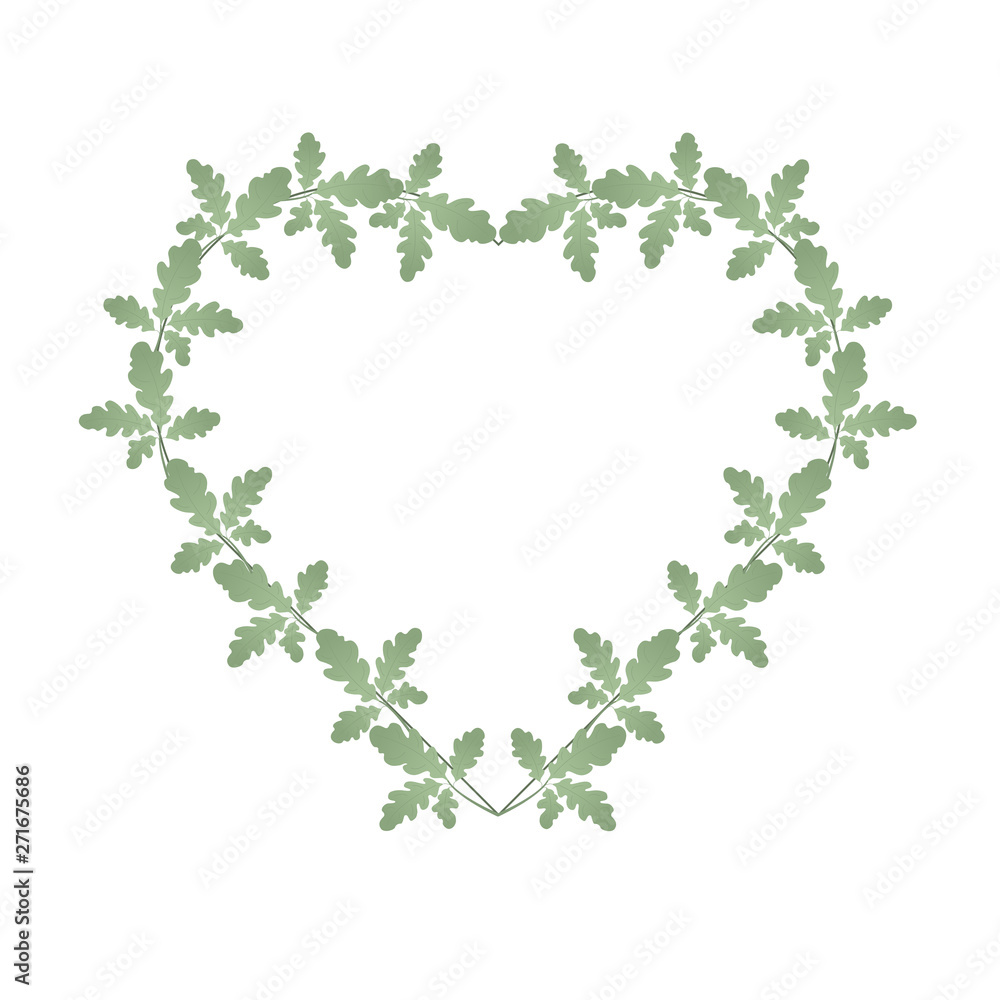 Oak leaves and heart shape frame. Heart entwined with green leaves. Suitable for invitations, cards, quotes, blogs, posters, highlights and others. Wedding theme.