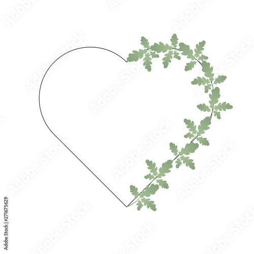 Oak leaves and heart shape frame. Half of the heart is wrapped in green leaves. Suitable for invitations, cards, quotes, blogs, posters, highlights and others. Wedding theme.