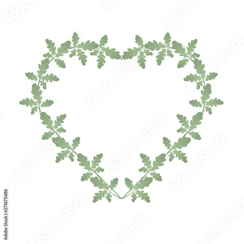 Oak leaves and heart shape frame. Heart entwined with green leaves. Suitable for invitations, cards, quotes, blogs, posters, highlights and others. Wedding theme.