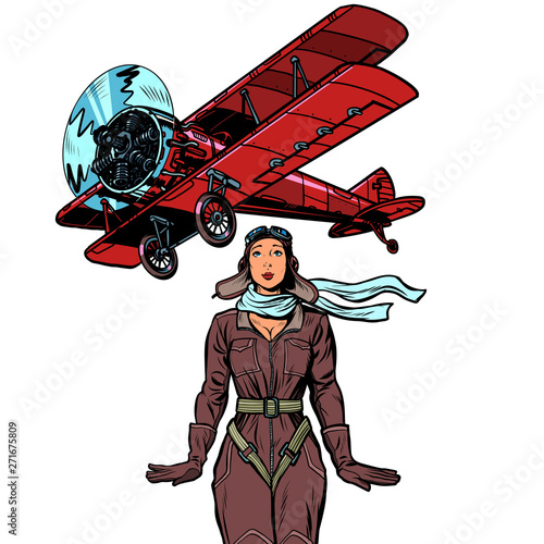 woman pilot of a vintage biplane airplane. isolate on white background