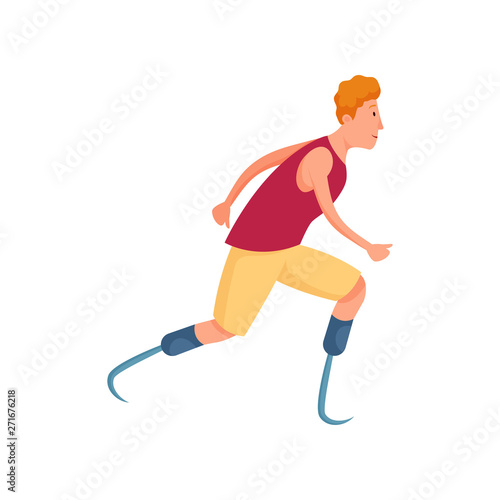 Cute red hair young man with amputated legs running