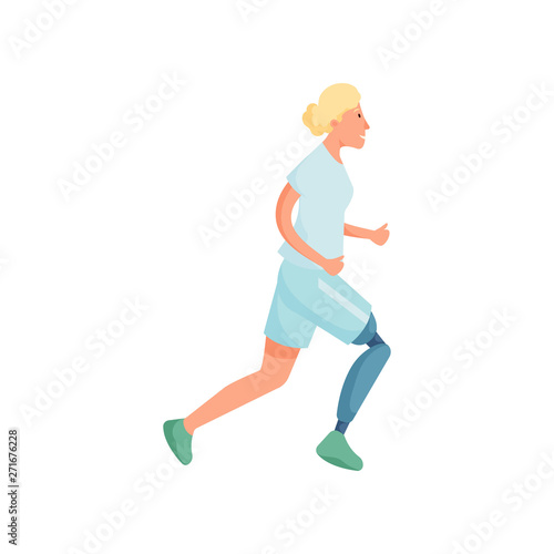 Cute blonde woman with prosthetic leg running away