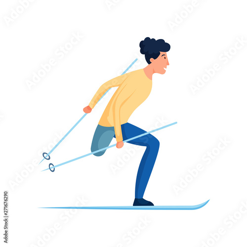 Cute smiling man with amputated leg winter skiing