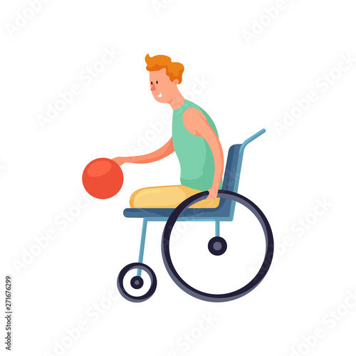 Cute smiling disabled boy in wheelchair play basketball