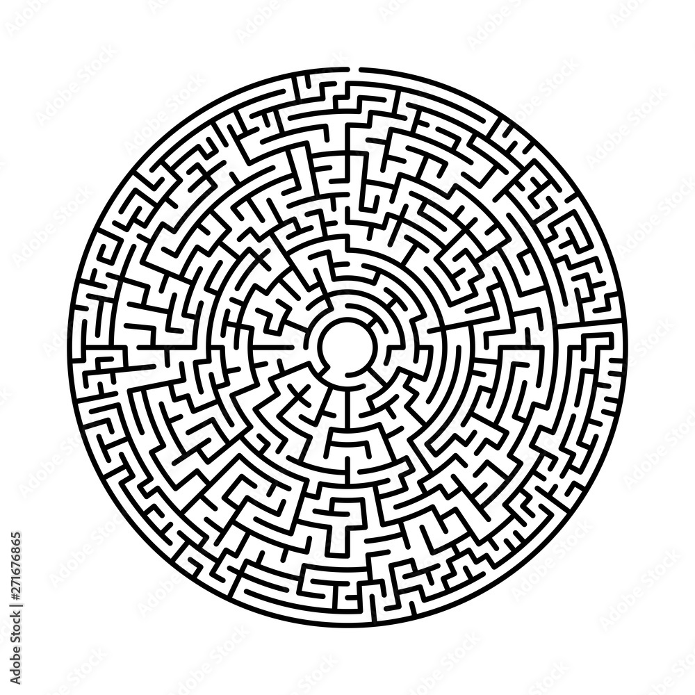 Maze in abstract style. Labyrinth game. Black maze circle. Black labyrinth. Maze symbol. Labyrinth isolated on white background. Maze in abstract style. Labyrinth game. Black maze circle. Black labyrinth. Maze symbol. Labyrinth isolated on white background.
