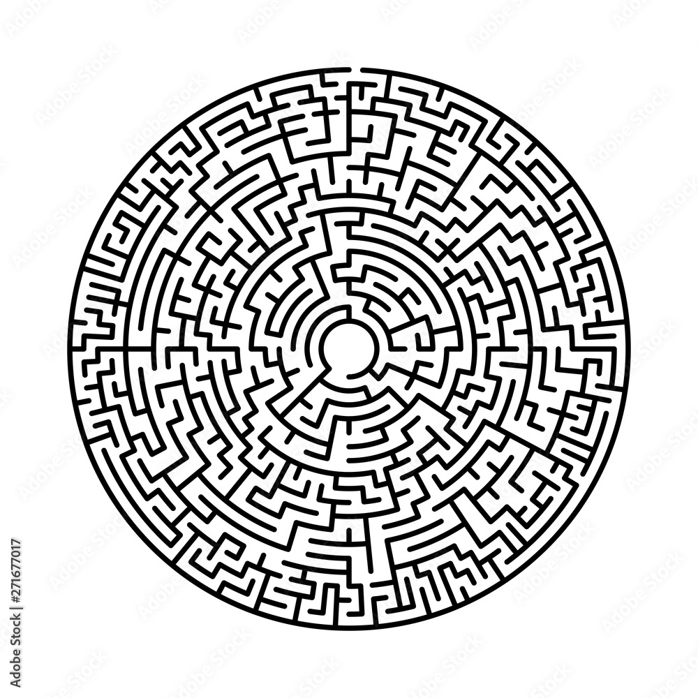 Maze in abstract style. Labyrinth game. Black maze circle. Black labyrinth. Maze symbol. Labyrinth isolated on white background. Maze in abstract style. Labyrinth game. Black maze circle. Black labyrinth. Maze symbol. Labyrinth isolated on white background.
