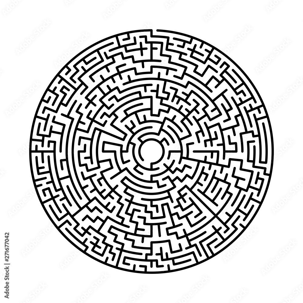 Maze in abstract style. Labyrinth game. Black maze circle. Black labyrinth. Maze symbol. Labyrinth isolated on white background. Maze in abstract style. Labyrinth game. Black maze circle. Black labyrinth. Maze symbol. Labyrinth isolated on white background.