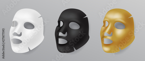Set white, gold and black face mask, cosmetic procedures, rejuvenation, realistic vector illustration isolated.