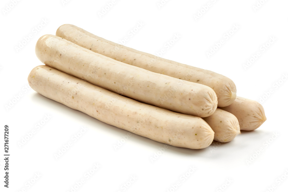 White Polish sausages for barbeque or grill, close-up, isolated on white background White Polish sausages for barbeque or grill, close-up, isolated on white background