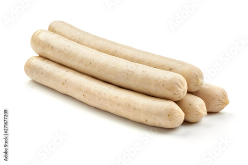 White Polish sausages for barbeque or grill, close-up, isolated on white background