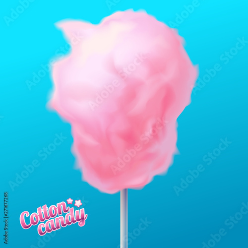 Pink cotton candy on stick, sugar cloud, tasty dessert, poster with text, isolated on blue background vector illustration.