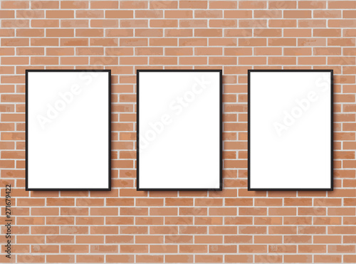 Mock up poster with loft interior background. Frame on the wall. Photoframe mock up. Simple empty framing for your business design. Brick wall. Vector template for picture, painting, poster
