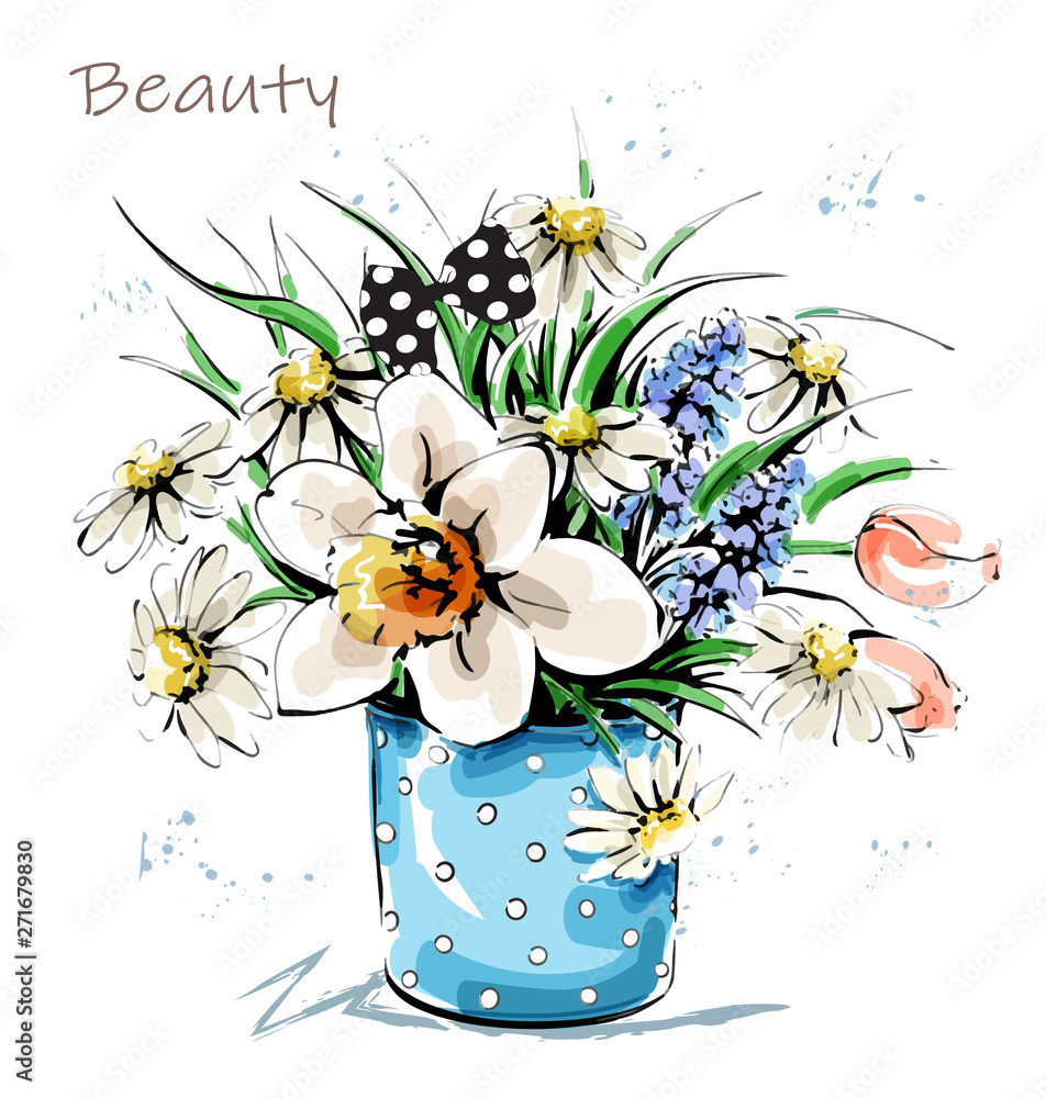 Vecteur Stock Hand drawn beautiful flowers in vase. Cute flower bouquet.  Sketch. Vector illustration. | Adobe Stock