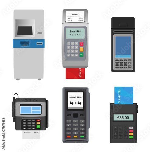 Payment machine vector pos banking terminal for credit card to pay atm bank system machining for paying cardreader in store illustration isometric set isolated on white background