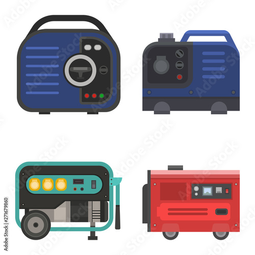 Generator vector power generating portable gasoline petrol fuel energy industrial electrical engine equipment illustration set of diesel industry isolated on white background