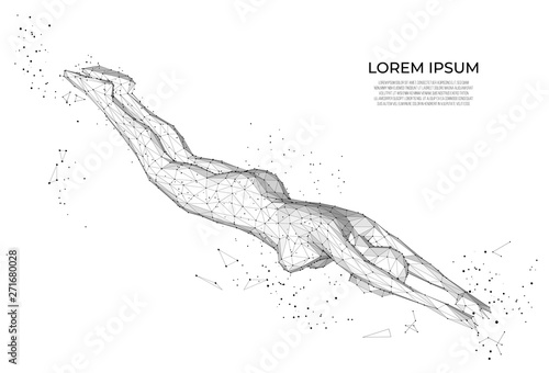 Human body low poly wireframe. Woman Jumping Diving in Swimming Pool. Polygonal wireframe mesh art, poly low. human anatomy