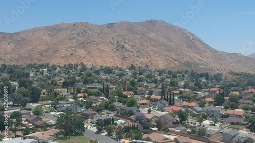 Aerial view of suburban neighborhood in daylight
