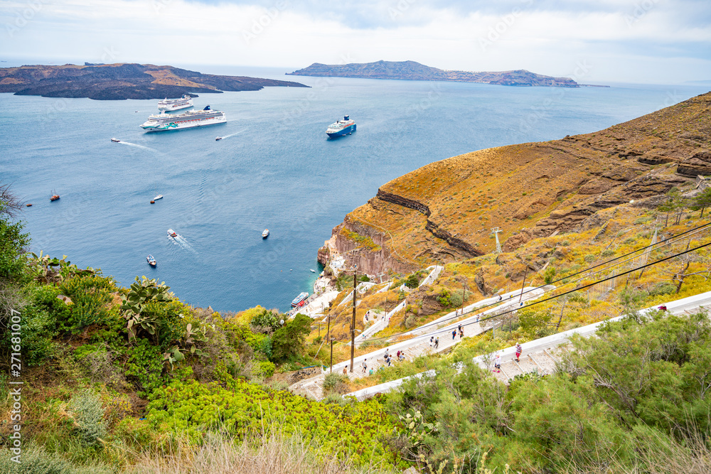 Obraz premium Panoramic View of Port, Cable Car, Teleferic, in Santorini Island in Greece, Shot in Thira