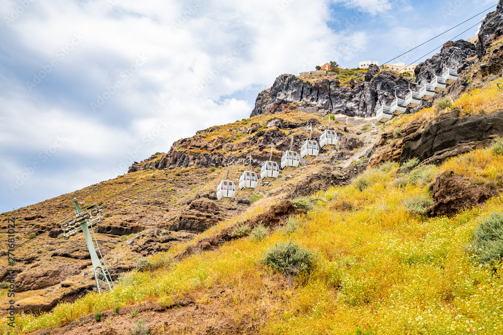 Panoramic View of Port, Cable Car, Teleferic, in Santorini Island in Greece, Shot in Thira Panoramic View of Port, Cable Car, Teleferic, in Santorini Island in Greece, Shot in Thira