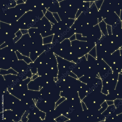 Zodiac star constellations seamless pattern. Yellow glowing stars on dark background seamless wallpaper. Perfect for banners, prints, posters, fabric, textile, etc.