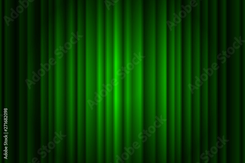 Closed silky luxury green curtain stage background spotlight beam illuminated. Theatrical drapes. Vector gradient illustration