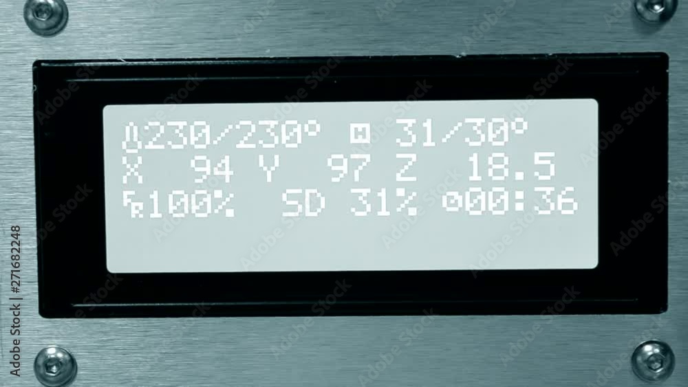 Monitor with numeral, digits work process 3d printer close-up Monitor with numeral, digits work process 3d printer close-up