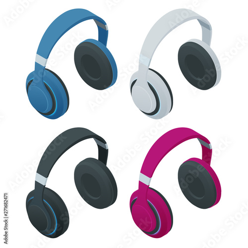 Isometric headphones isolated on a white background. Headphones music listen speakers headset icons set.