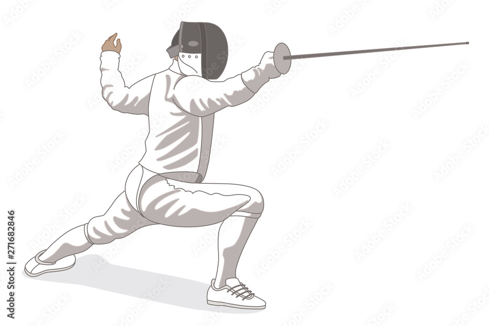 fencing male fencer in lunge position isolated on a white background